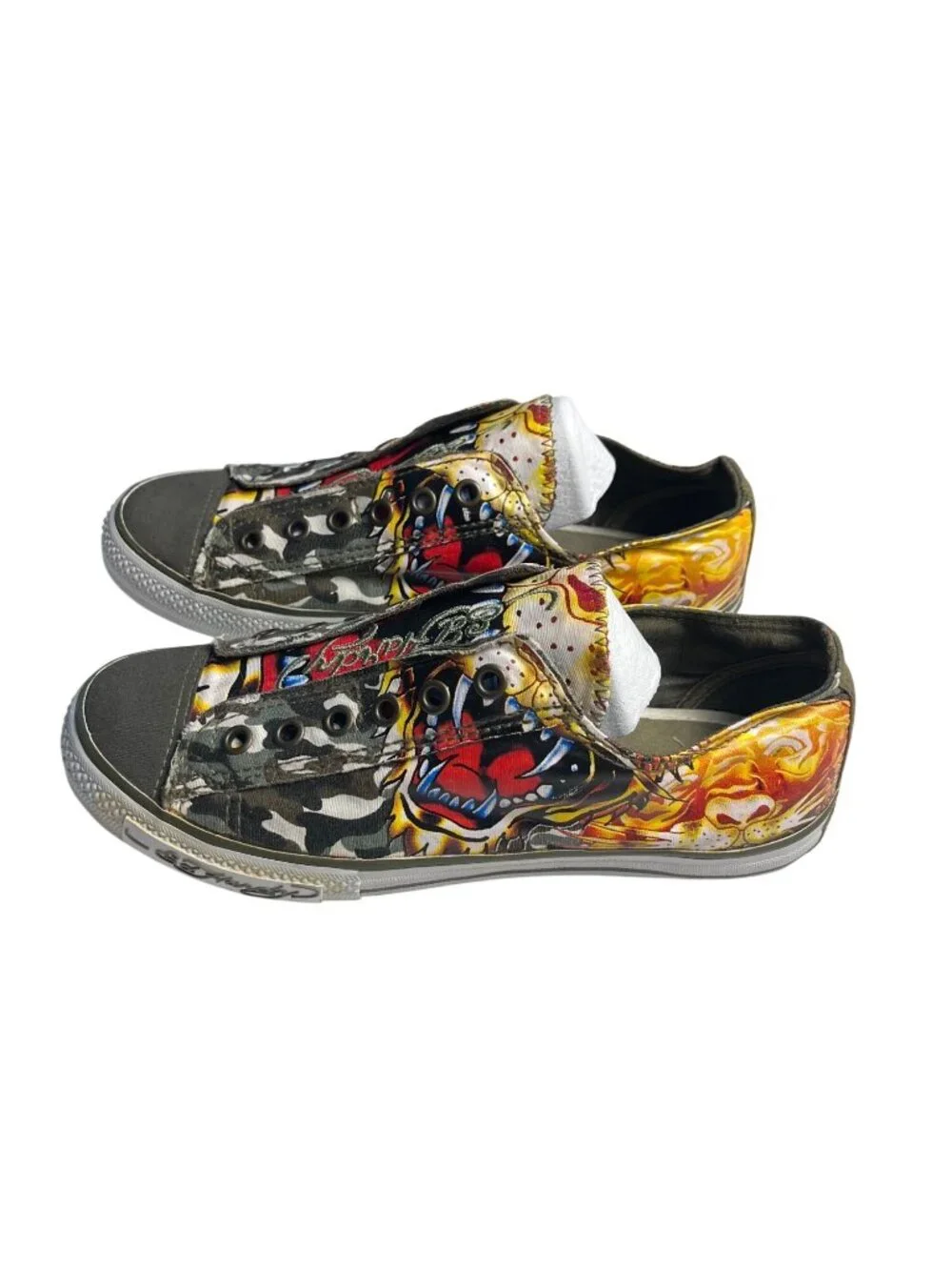 VTG Y2K Ed Hardy Tiger Tattoo Canvas Slip-On laceless Sneakers Mens 8 Womens 10